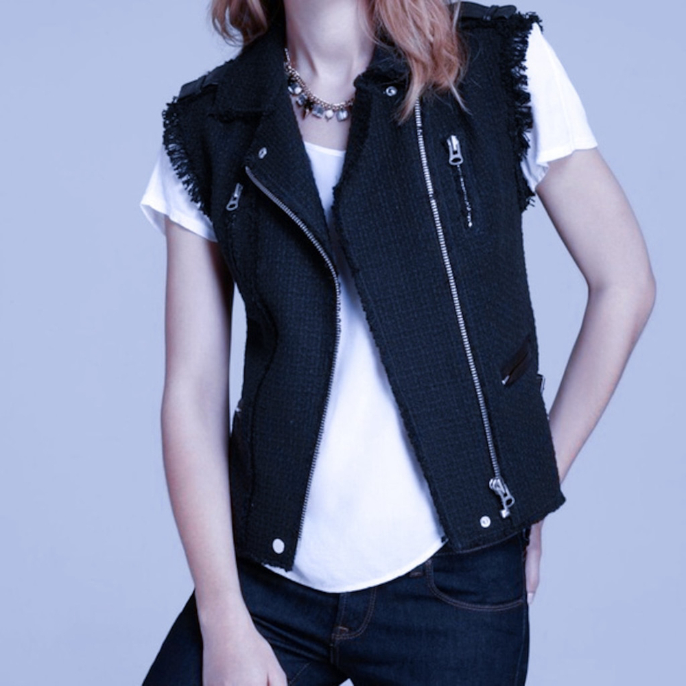 REBECCA TAYLOR Moto Tweed Vest Lamb Leather Trim Zip Up‎ Navy Blue $595 Size 8 M
